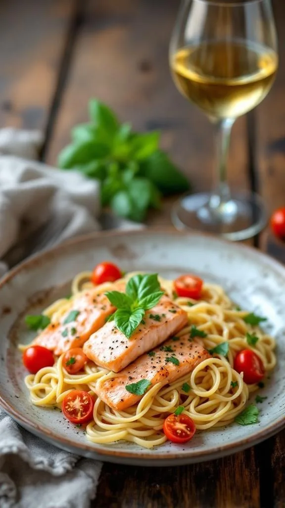 A plate of creamy Tuscan salmon pasta with cherry tomatoes and a glass of white wine