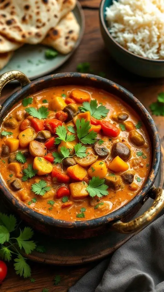A bowl of creamy vegetable korma with colorful vegetables and garnished with cilantro, served with naan and rice.