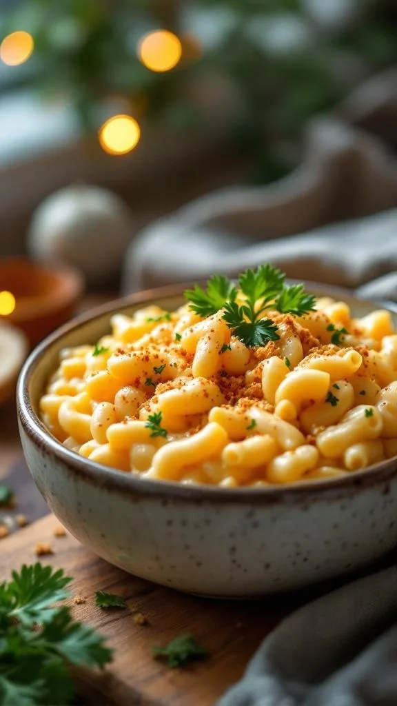 A bowl of creamy white cheddar mac and cheese topped with parsley.