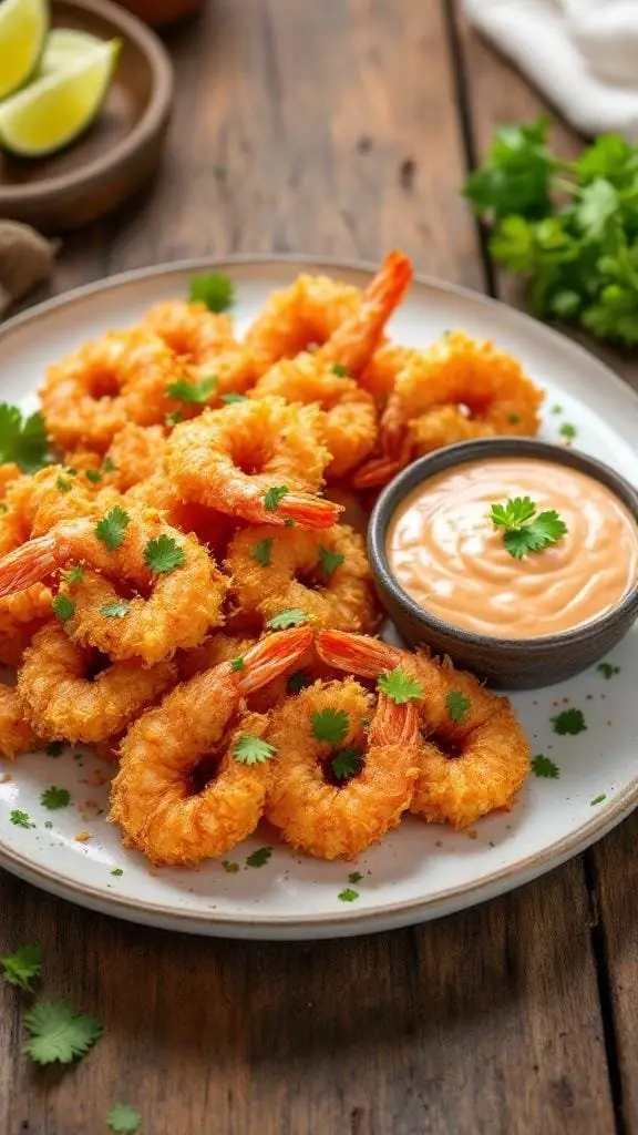 A plate of crispy coconut shrimp with a dipping sauce and garnished with cilantro.