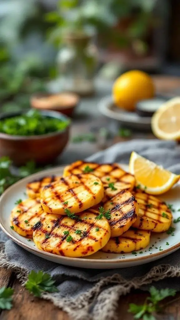 Grilled halloumi cheese slices garnished with herbs and lemon