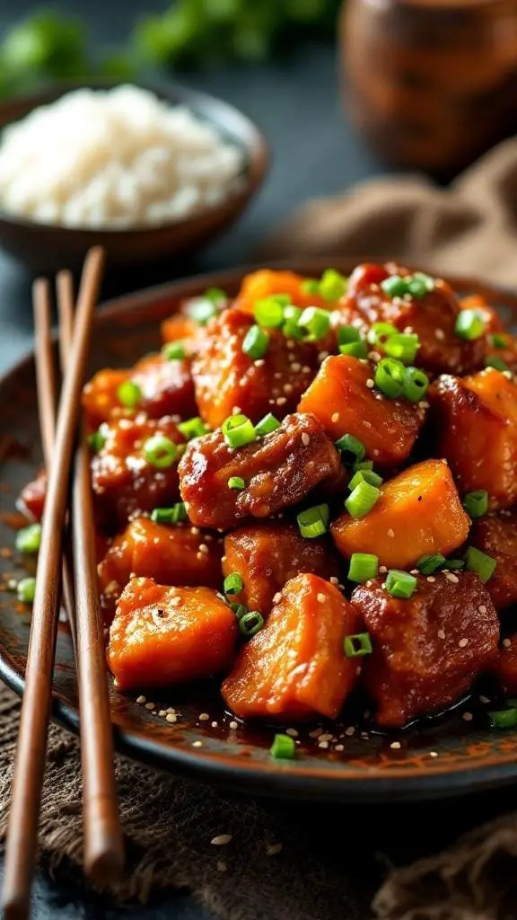 A plate of crispy orange beef garnished with green onions, served with rice.