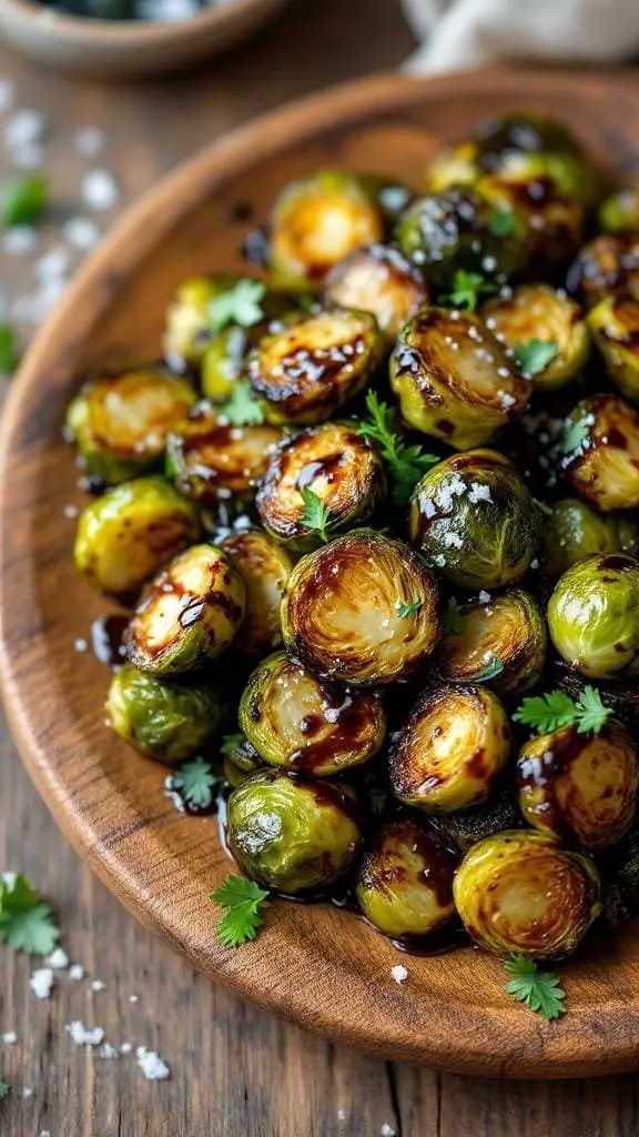 Crispy pan-fried Brussels sprouts drizzled with balsamic glaze and garnished with herbs on a wooden plate.