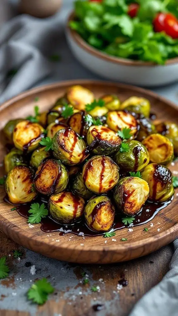 A plate of crispy pan-fried Brussels sprouts drizzled with balsamic glaze, garnished with herbs, and served with a side salad.