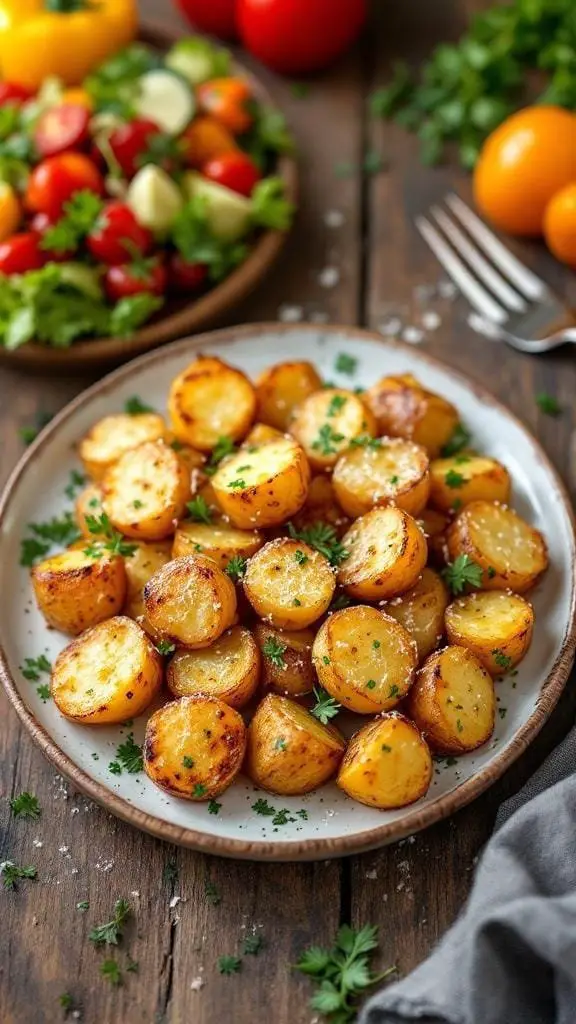 A plate of crispy Parmesan roasted potatoes garnished with parsley, served alongside a fresh salad.