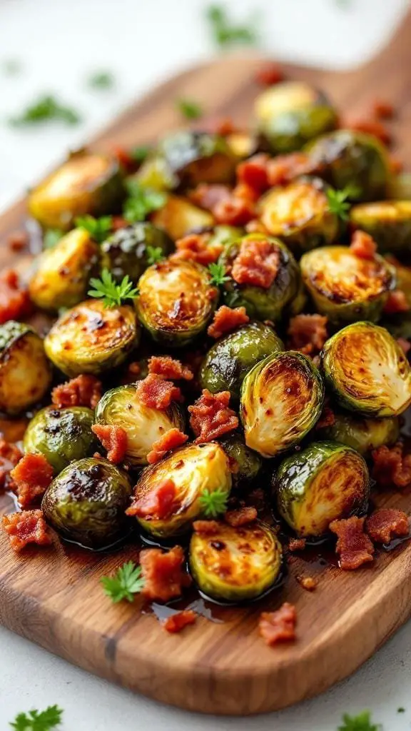 Crispy roasted Brussels sprouts with bacon and balsamic glaze on a wooden platter
