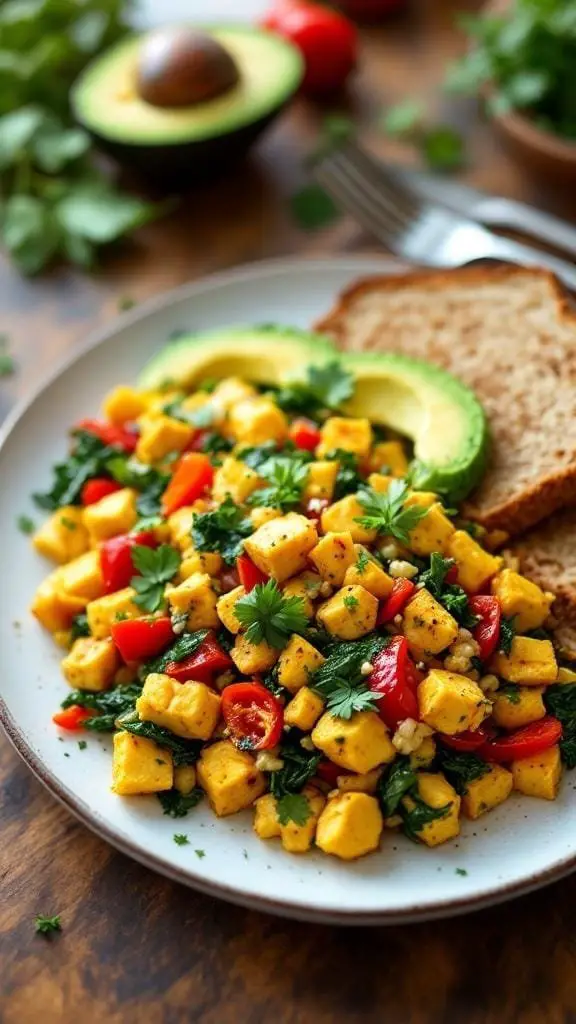 A colorful plate of crispy vegan tofu scramble with avocado and whole grain toast.