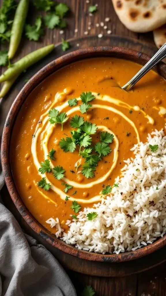 A bowl of Dal Tadka with rice and garnished with cilantro