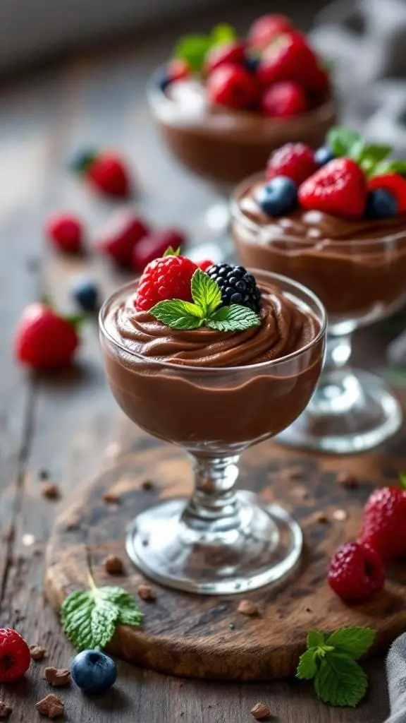 Chocolate avocado mousse topped with berries and mint leaves in glass cups