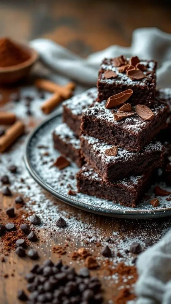 A plate of decadent chocolate brownies dusted with powdered sugar and topped with chocolate pieces.