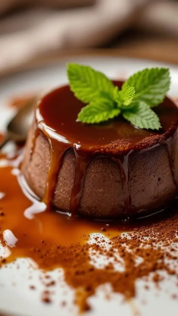 A beautifully plated chocolate flan topped with caramel sauce and mint leaves.