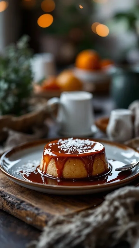 A beautifully plated chocolate flan topped with caramel sauce and a sprinkle of sea salt.