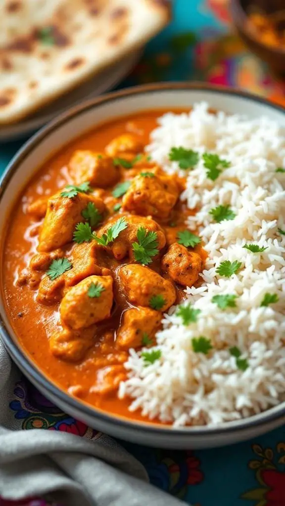 A bowl of Chicken Tikka Masala served with rice and garnished with cilantro.