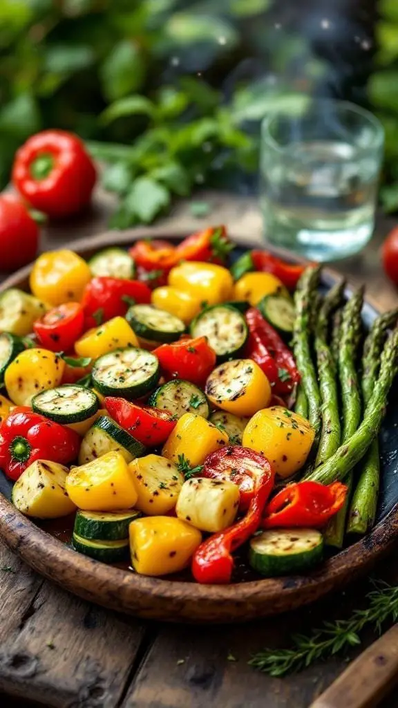 A colorful platter of grilled vegetables including peppers, zucchini, and asparagus.