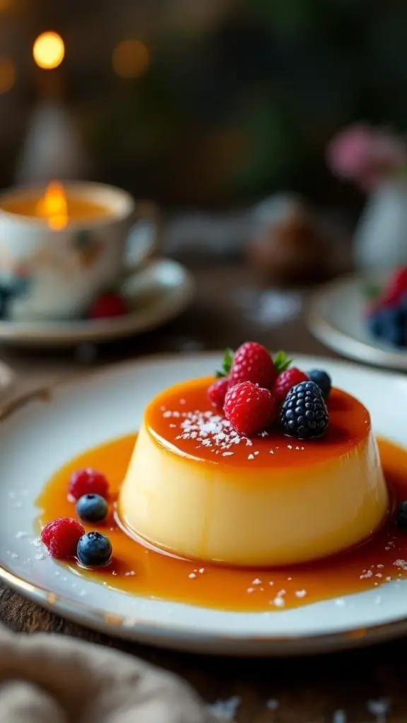 A beautifully plated dulce de leche flan topped with fresh berries and caramel sauce.