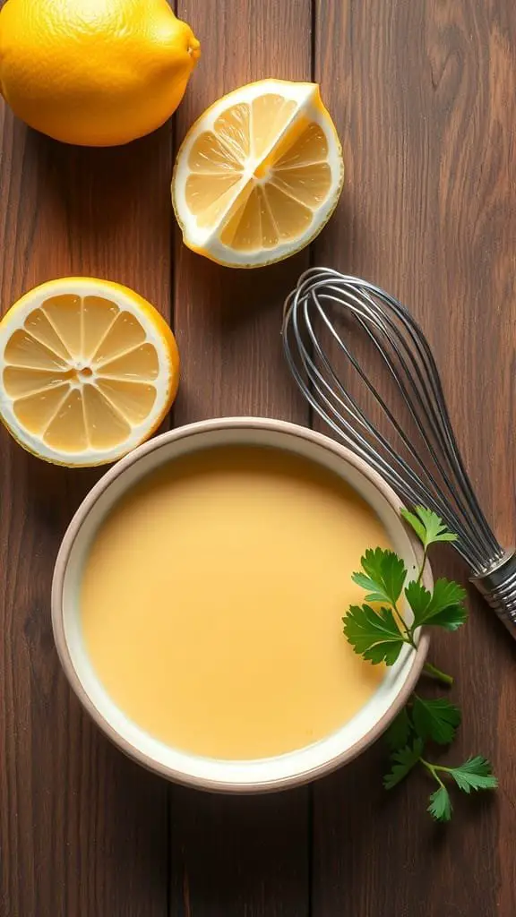 Ingredients for Hollandaise sauce including lemons, a whisk, and a bowl of sauce.