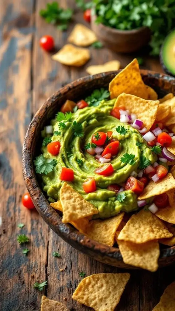 A bowl of guacamole surrounded by tortilla chips and fresh vegetables