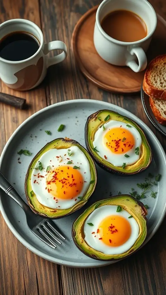Baked eggs in avocado served on a plate with coffee and toast