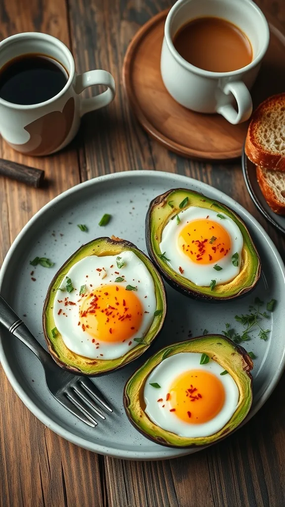 Baked eggs in avocado served on a plate with coffee and toast