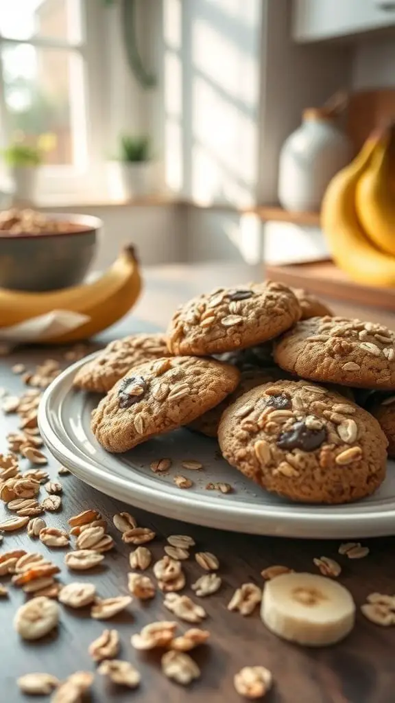 Plate of banana oatmeal cookies with oats scattered around