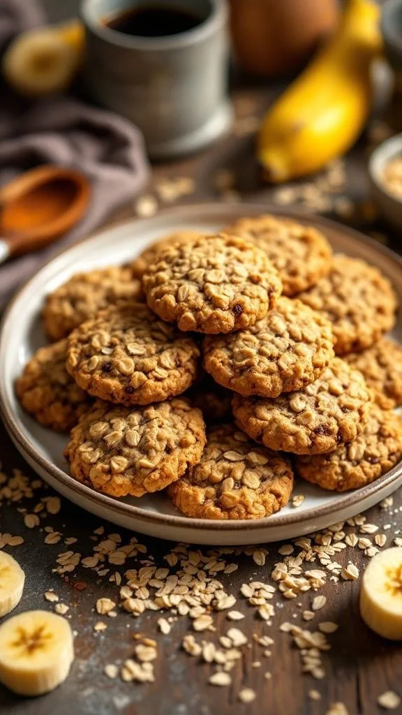 A plate of homemade banana oatmeal cookies with bananas and oats in the background.