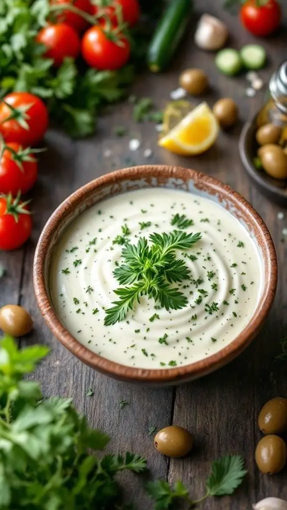 A bowl of creamy Greek dressing garnished with herbs, surrounded by fresh vegetables.