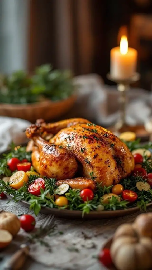 A beautifully roasted chicken garnished with herbs and surrounded by colorful vegetables.