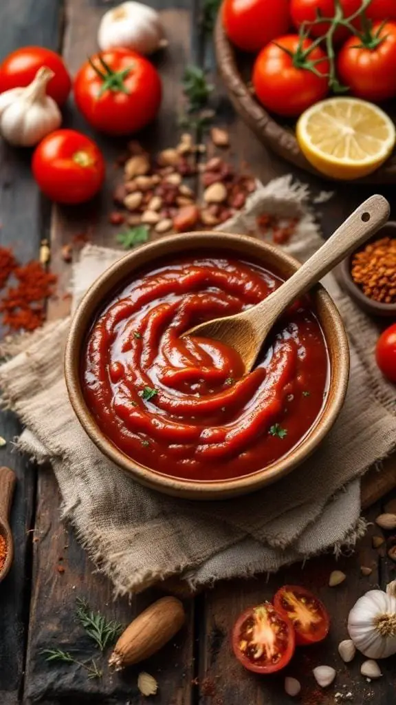 A bowl of homemade BBQ sauce surrounded by fresh ingredients like tomatoes, garlic, and spices.