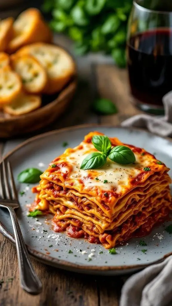 A delicious plate of homemade lasagna with a side of garlic bread and a glass of red wine.