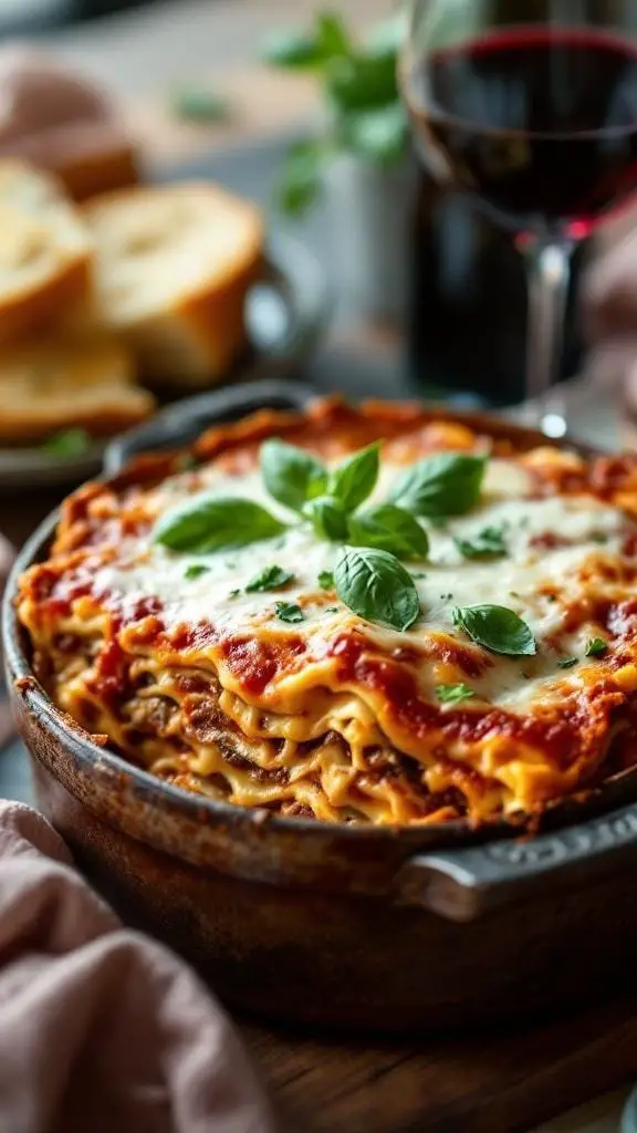 A delicious homemade lasagna topped with fresh basil, served with a glass of red wine.