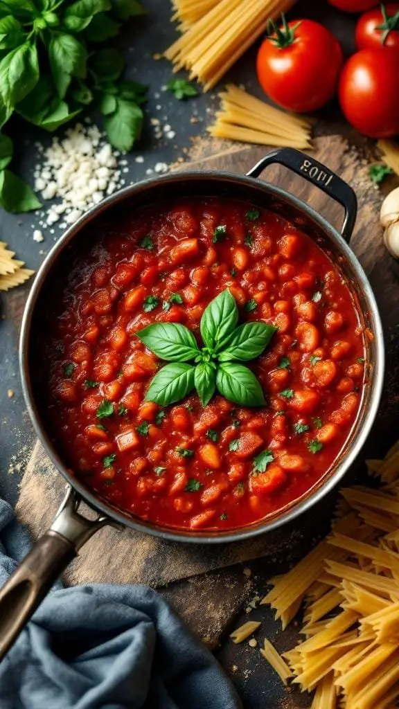 A pot of homemade marinara sauce with fresh basil and tomatoes
