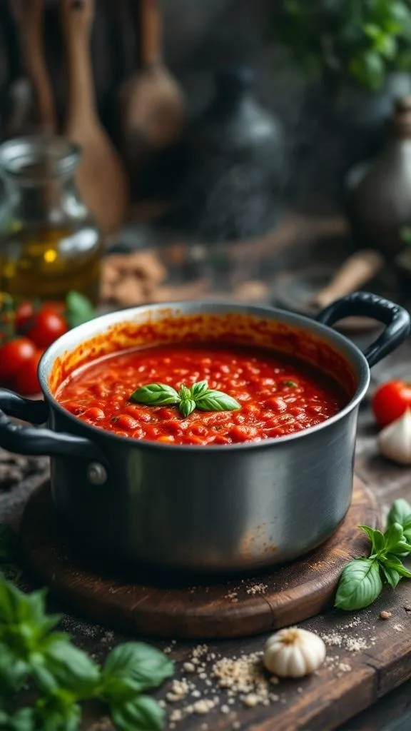 A pot of homemade marinara sauce garnished with fresh basil