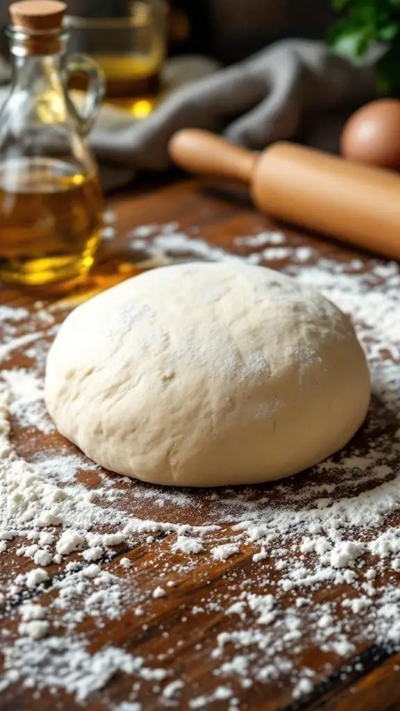 A ball of pizza dough on a floured wooden surface with a rolling pin and ingredients in the background.