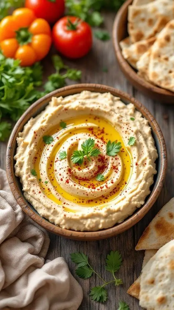 A bowl of creamy hummus topped with olive oil and herbs, surrounded by fresh vegetables and pita bread.