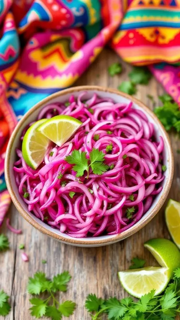 Bowl of Mexican red pickled onions with lime and cilantro