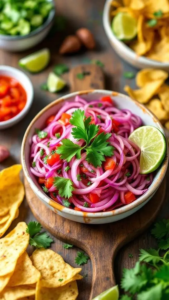 A bowl of vibrant Mexican red pickled onions garnished with cilantro and lime, surrounded by tortilla chips and fresh ingredients.