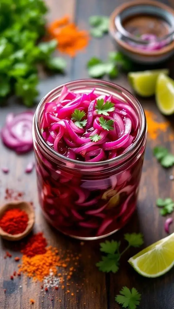 A jar of vibrant red pickled onions garnished with cilantro, surrounded by spices and lime.