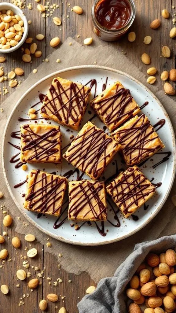 A plate of no-bake peanut butter bars drizzled with chocolate, surrounded by peanuts.