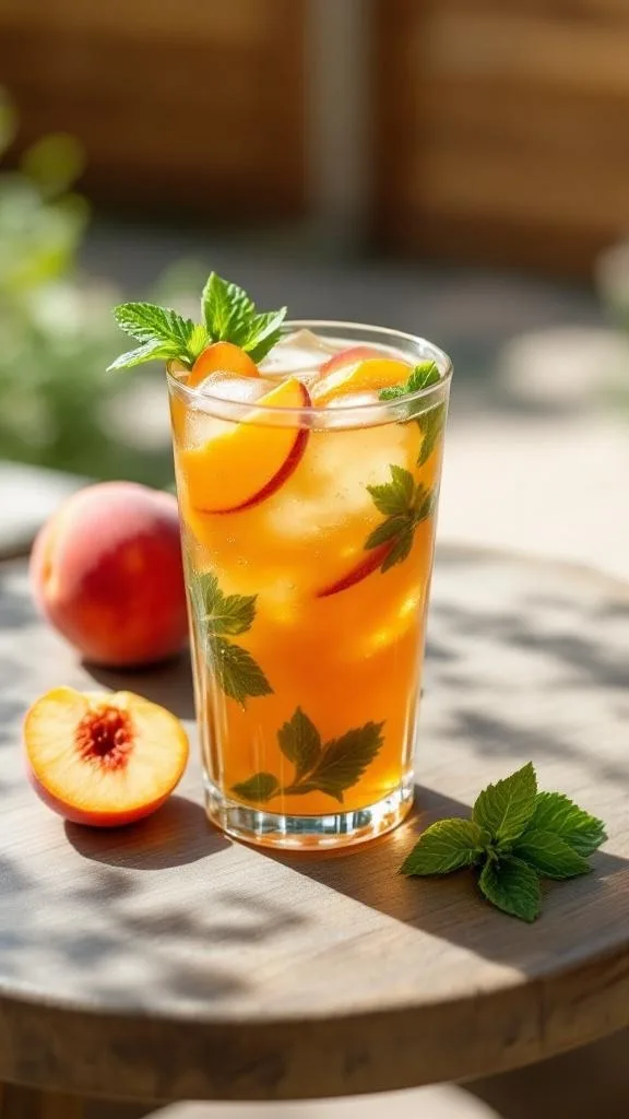 A glass of peach green tea garnished with mint leaves and peach slices, with fresh peaches beside it.