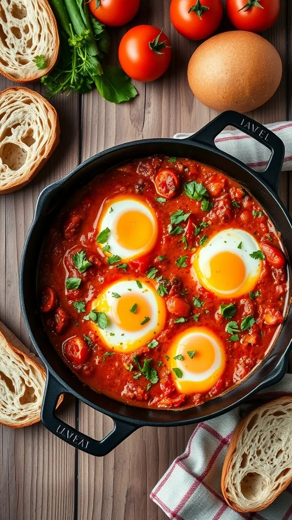 A skillet of shakshuka with poached eggs in spicy tomato sauce, surrounded by fresh ingredients.