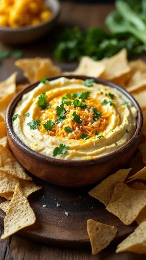 A bowl of elote dip garnished with cheese and cilantro, surrounded by tortilla chips.