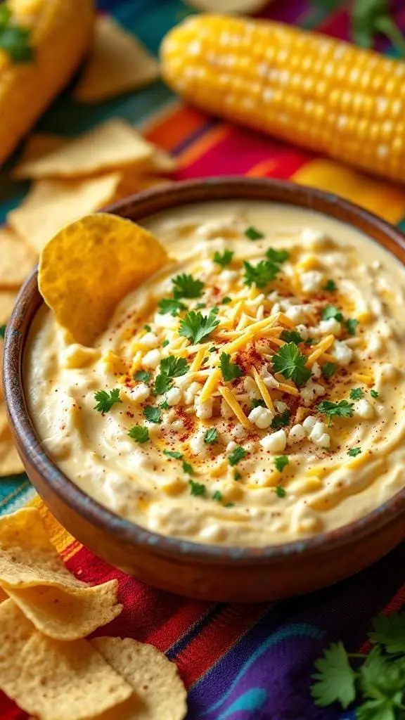 A bowl of Elote Dip garnished with cheese and cilantro, surrounded by tortilla chips and corn on a colorful tablecloth.