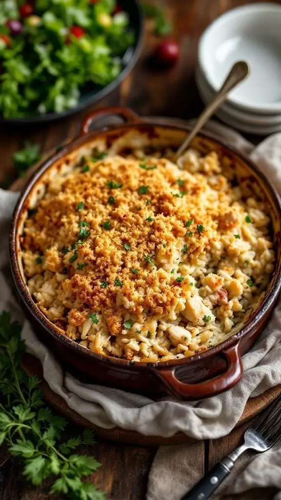 A delicious baked chicken and rice casserole topped with a crunchy layer, served in a rustic dish.