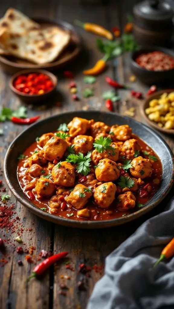 A vibrant display of Fiery Chicken Phal with spices and naan bread