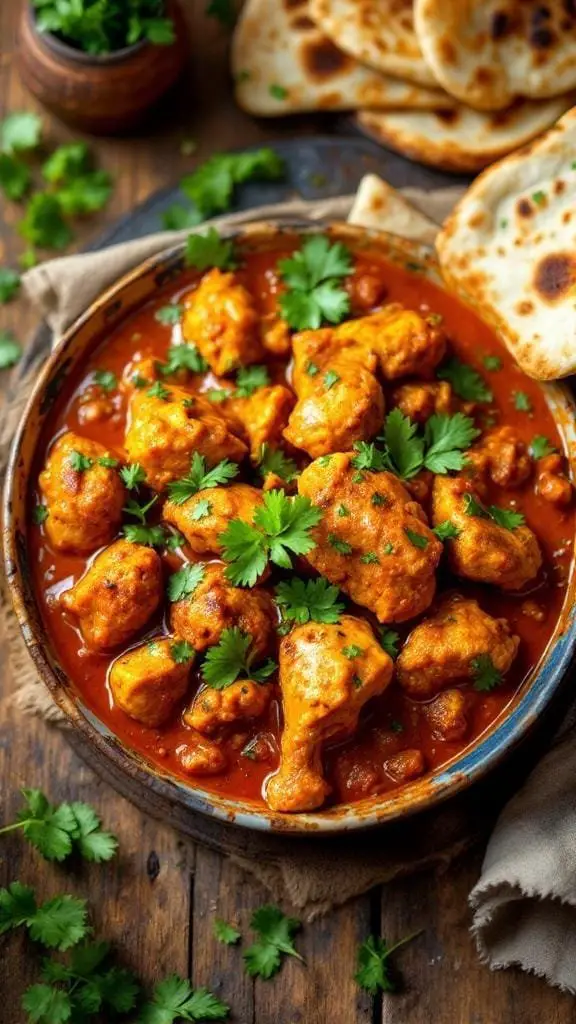 A bowl of Fiery Chicken Phal with cilantro and naan on the side.