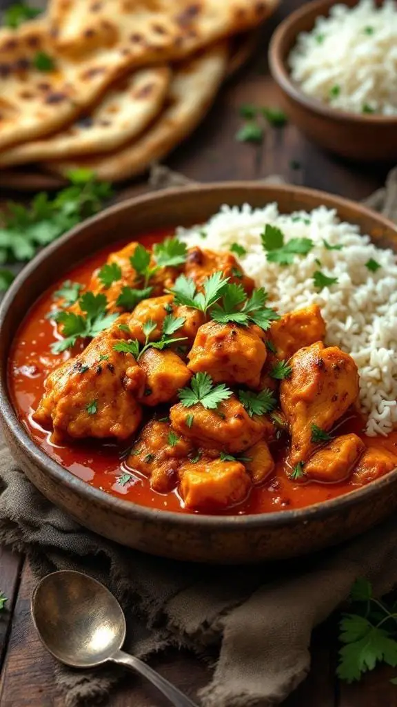 A bowl of Fiery Chicken Phal served with rice and naan.