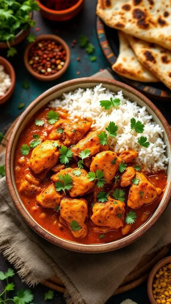 A bowl of Fiery Chicken Phal served with rice and naan, garnished with fresh cilantro.