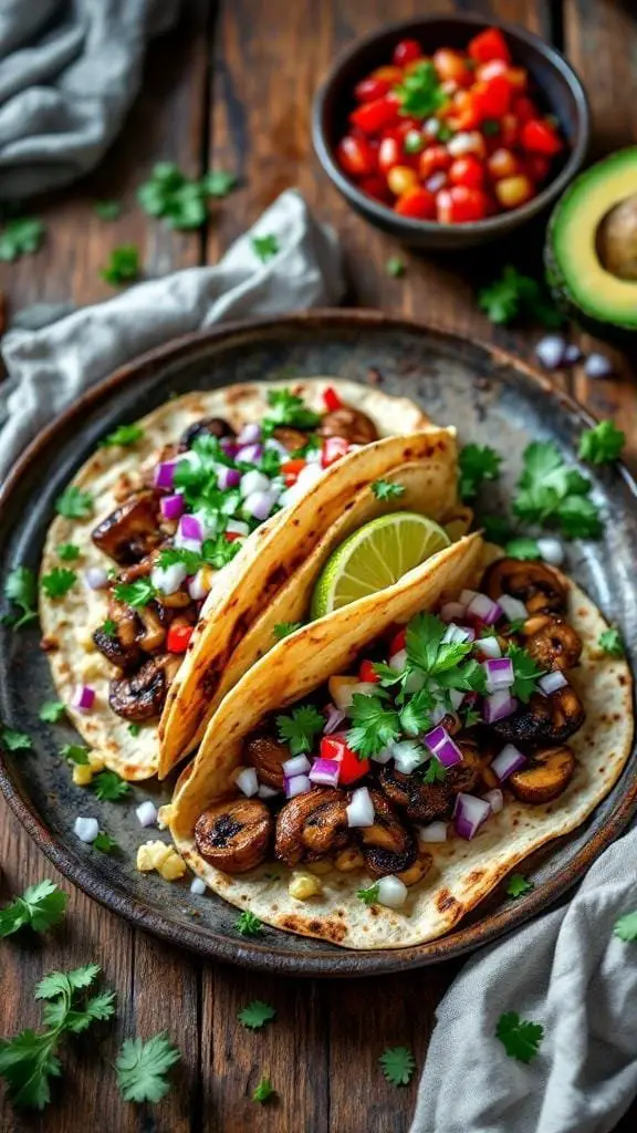 Delicious mushroom tacos with fresh toppings on a plate