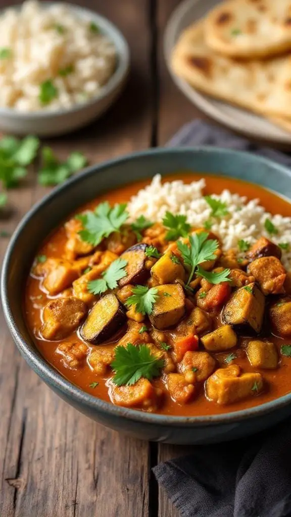 A bowl of Indian eggplant and tomato curry served with rice and naan.