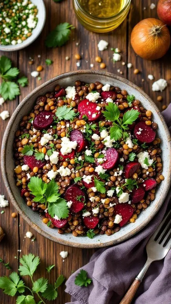 A bowl of French Lentil & Roasted Beet Salad with herbs and feta cheese
